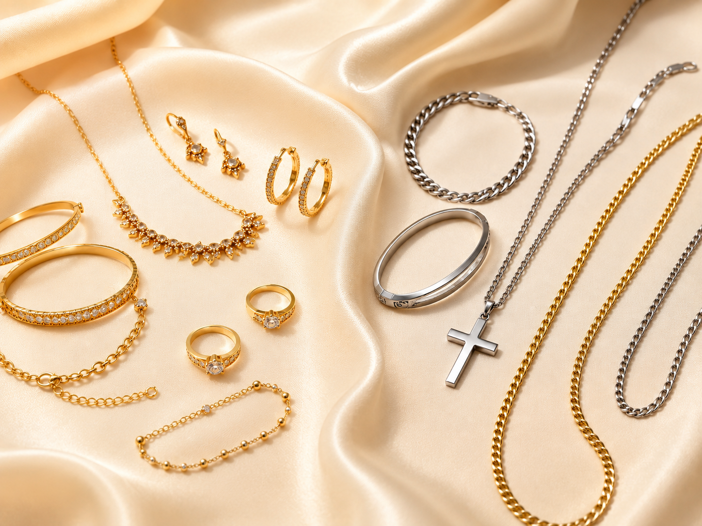 Gold and silver jewellery collection on cream silk